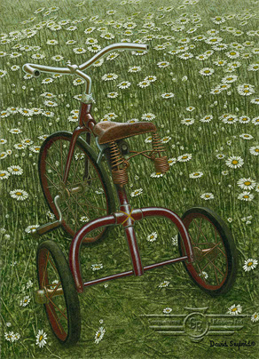 Antique Red Tricycle, Field of Daisies, Spring Seat, Rust