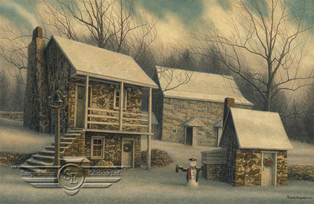 Old Stone House, Barn, Farm Bell, Snowman, Colonial Hat, Christmas Wreath, Wood Pile, Chimney, Snow, Stone Wall, Smokehouse, Woodshed