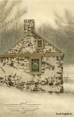 American Red Cross Fundraiser, Christmas Wreath, Stone House, Split Rail Fence, Winter, Snow, Chimney Smoke