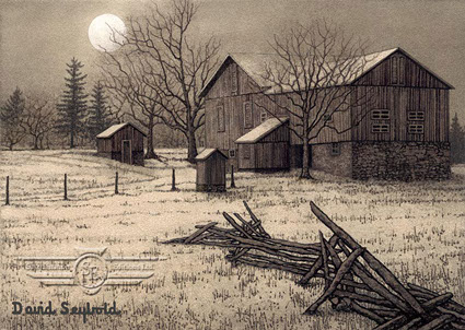 Snow, Winter, Farm, Barn, Split Rail Fence, Moonlight, Outhouse, Springhouse, Smokehouse, Trees