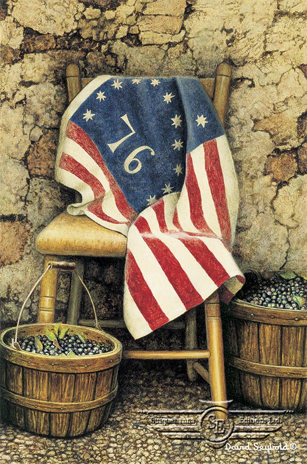 American Flag, Bennington Flag, Baskets, Blueberries, Old Chair, Stone Wall, Primitive, 