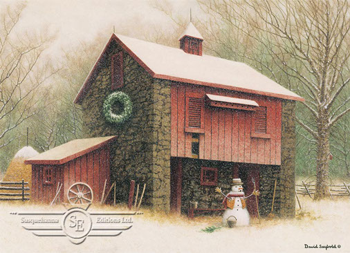 Christmas Wreath, Stone Barn, Cupola, Wagon Wheel, Split Rail Fence, Pitchfork, Wooden Bucket, Bench, Winter, Snow, Snowman, Birdhouse, Trees