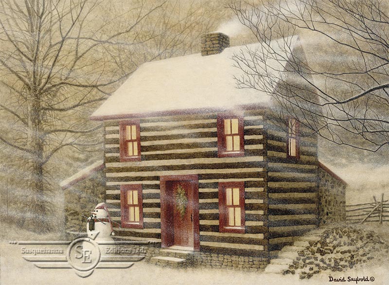 Log Cabin, Christmas Bough, Chimney Smoke, Snowman, Tin Lantern, Scarf, Cap, Trees, Blowing Snow, Winter, Split Rail Fence, Firewood