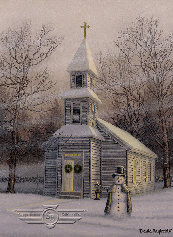 Snowman, Old Country Church, Tin Lantern, Christmas Wreath, Birdhouse, Candle Light, Cross, Steeple, Wood Clapboard, Stone Wall, Trees, White 