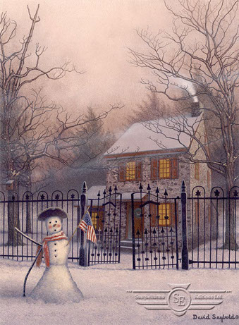 Snowman, American Flag, Colonial Hat, Scarf, Wrought Iron Gate, Fence, Stone House, Christmas Wreath, Birdhouse, Chimney Smoke, Red Shutters