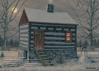 Snowman, Old Log House, Log Cabin, Trees, Snow, Winter, Moonlight, Birdhouse, Christmas, Split Rail Fence, Wreath, Candle Light, Latern