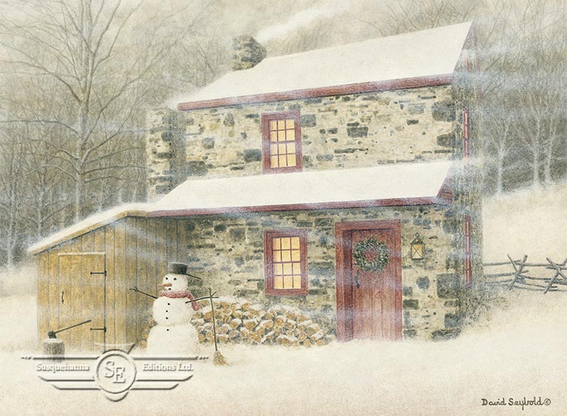 Snowman, Broom, Axe, Stone House, Blowing Snow, Tin Lantern, Firewood, Christmas Wreath, Chimney Smoke, Split Rail Fence, Trees