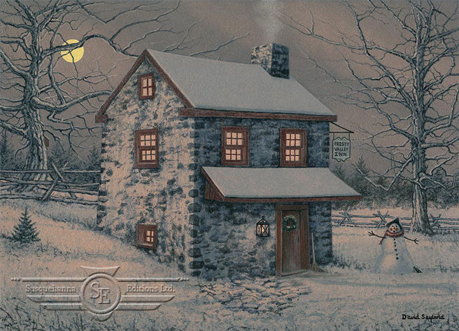 Snowman, Old Stone House, Country Inn, Trees, Snow, Winter, Moonlight, Birdhouse, Christmas, Split Rail Fence, Wreath, Lantern, Wine