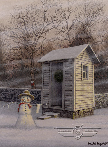 Snowman, Wooden Outhouse, Stone Wall, Scarf, Toilet Paper, Birdhouse, Christmas Wreath, Blowing Snow, Trees