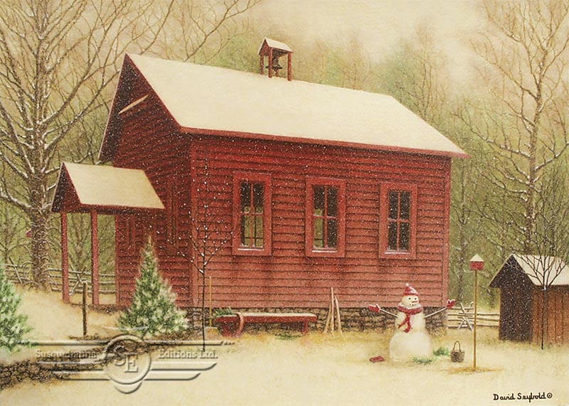 Snowman, Red Country Schoolhouse, School Bell, Birdhouse, Outhouse, Clapboard Siding, Wooden Bench, Pine Trees, Snow, Winter, Split Rail Fence
