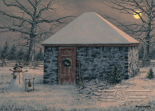Snowman, Stone House, Winter, Christmas, Springhouse, Moonlight, Snow, Milk Cans, Wreath, Birdhouse, Basket, Ham, Campfire