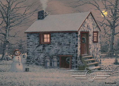 Snowman, Stone House, Winter, Christmas, Springhouse, Moonlight, Snow, Milk Cans, Wreath, Birdhouse, Basket, Stocking Cap